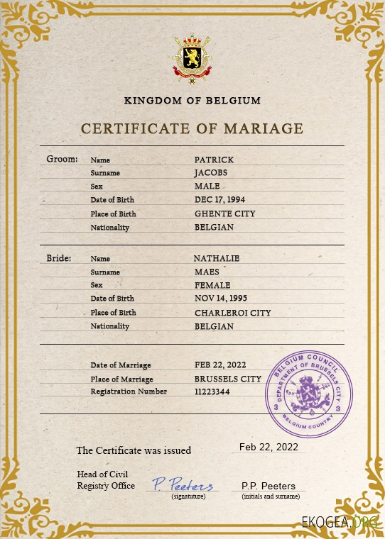 Modèle PSD de certificat de mariage belge